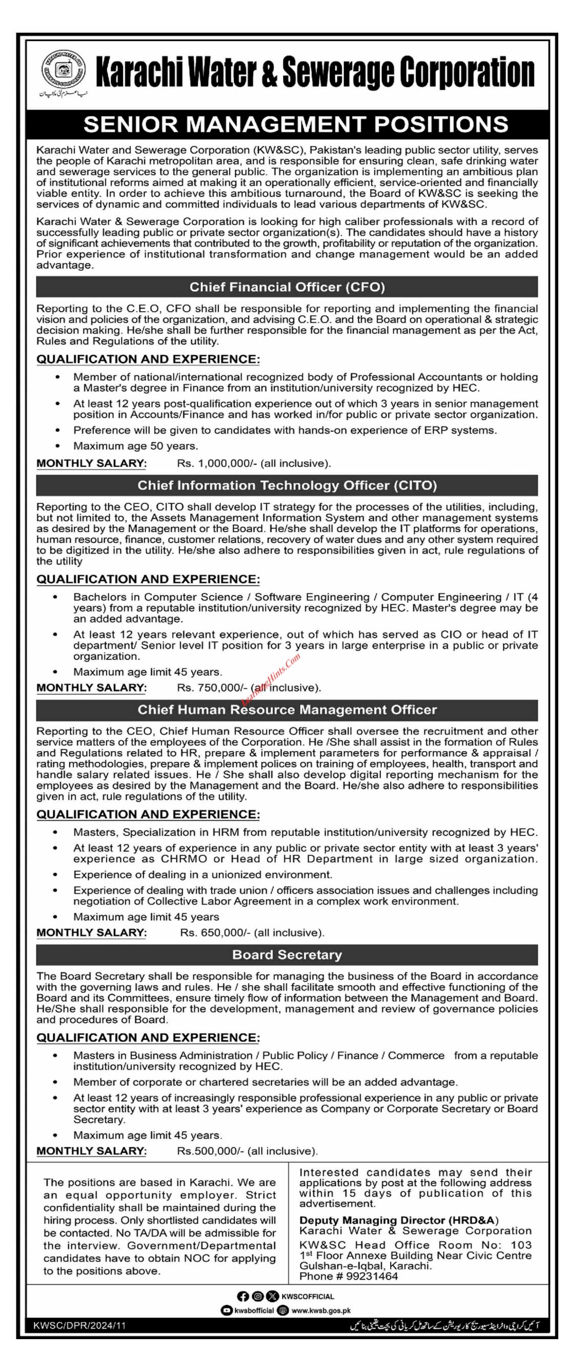 Jobs in Karachi Water & Sewerage Corporation